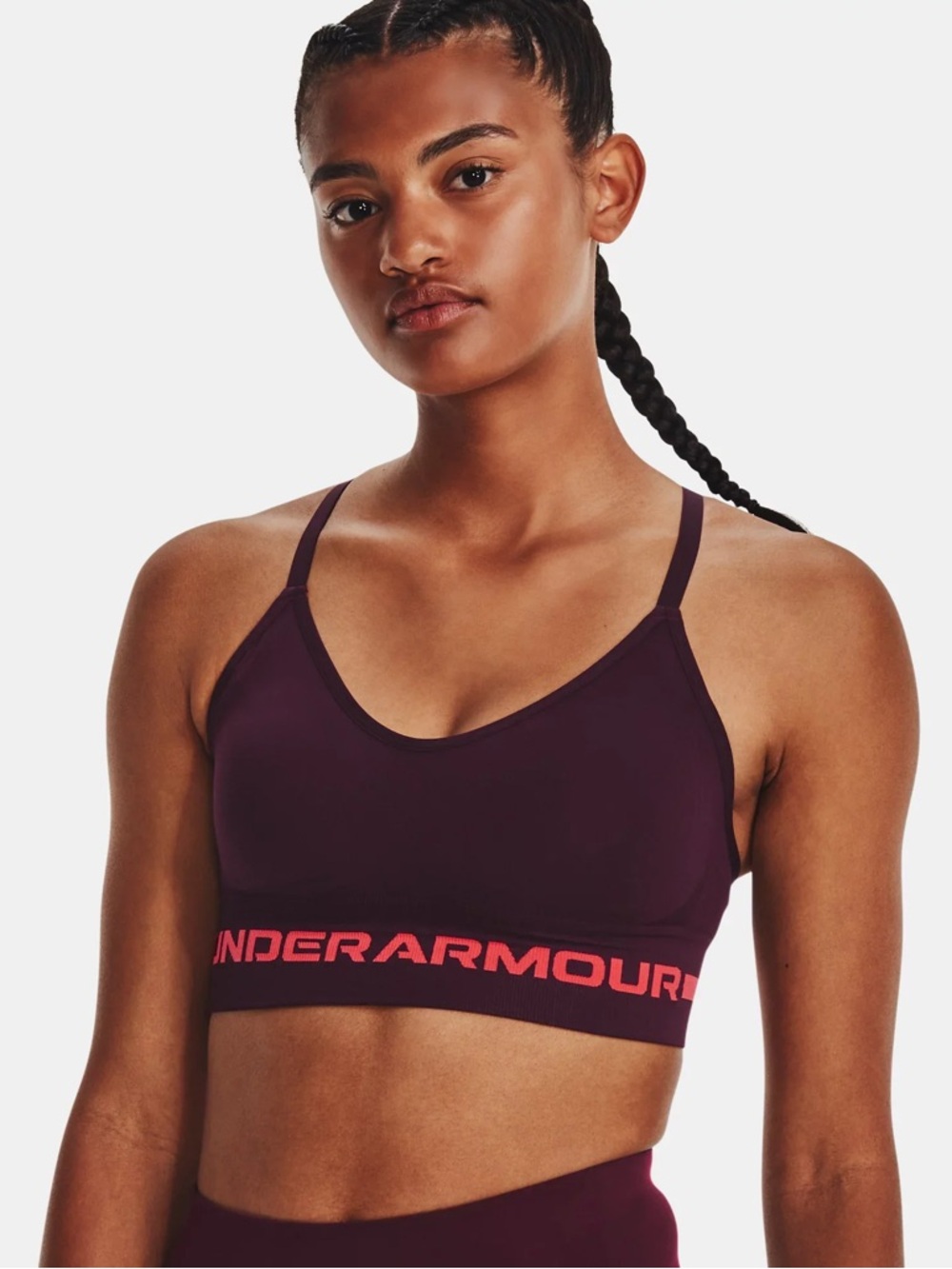 Under Armour Women's Deep‎ Burgundy Sports Bra with Coral Logo Band